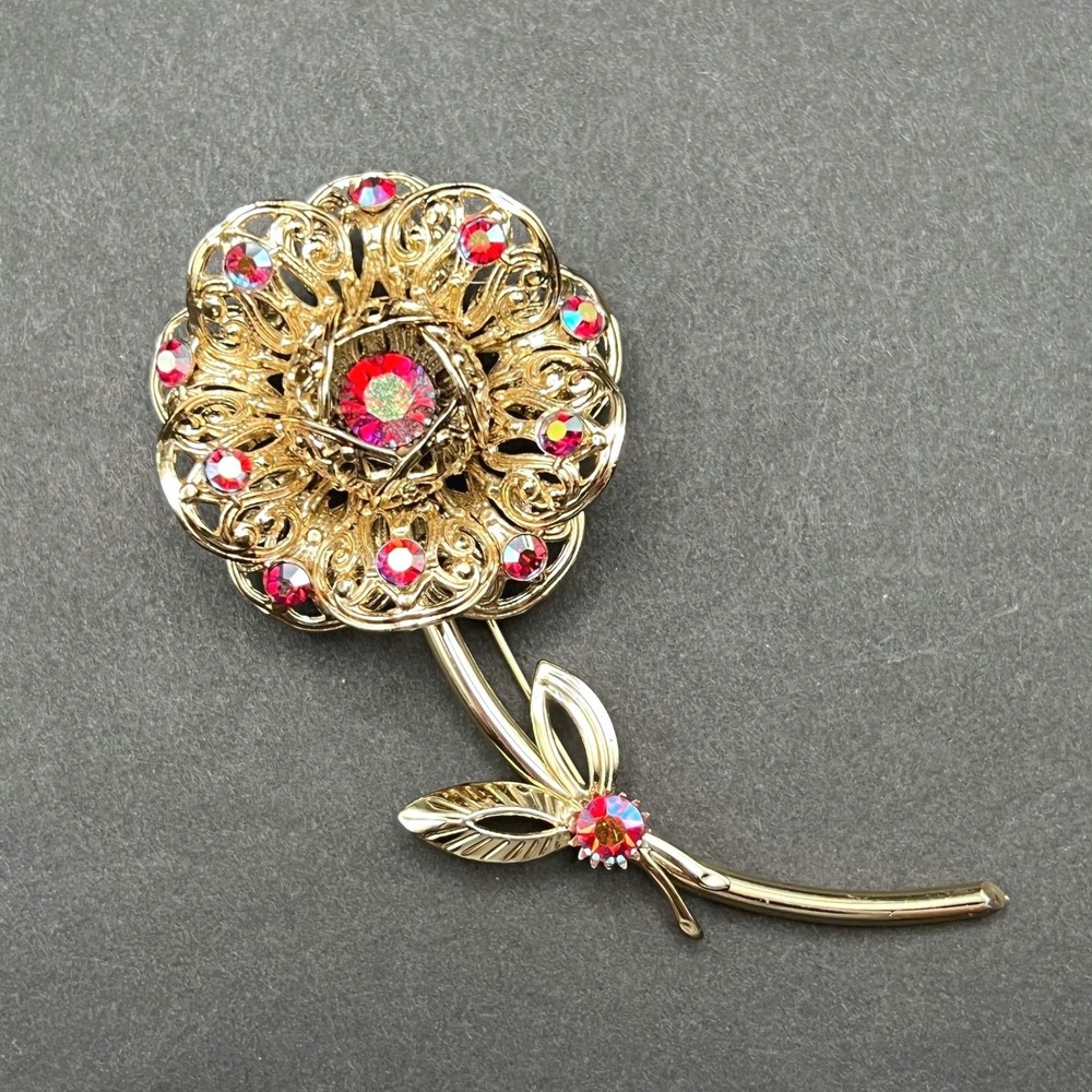 Vintage Sarah Coventry AB Rhinestone Brooch Gold Tone Filigree Flower Pin